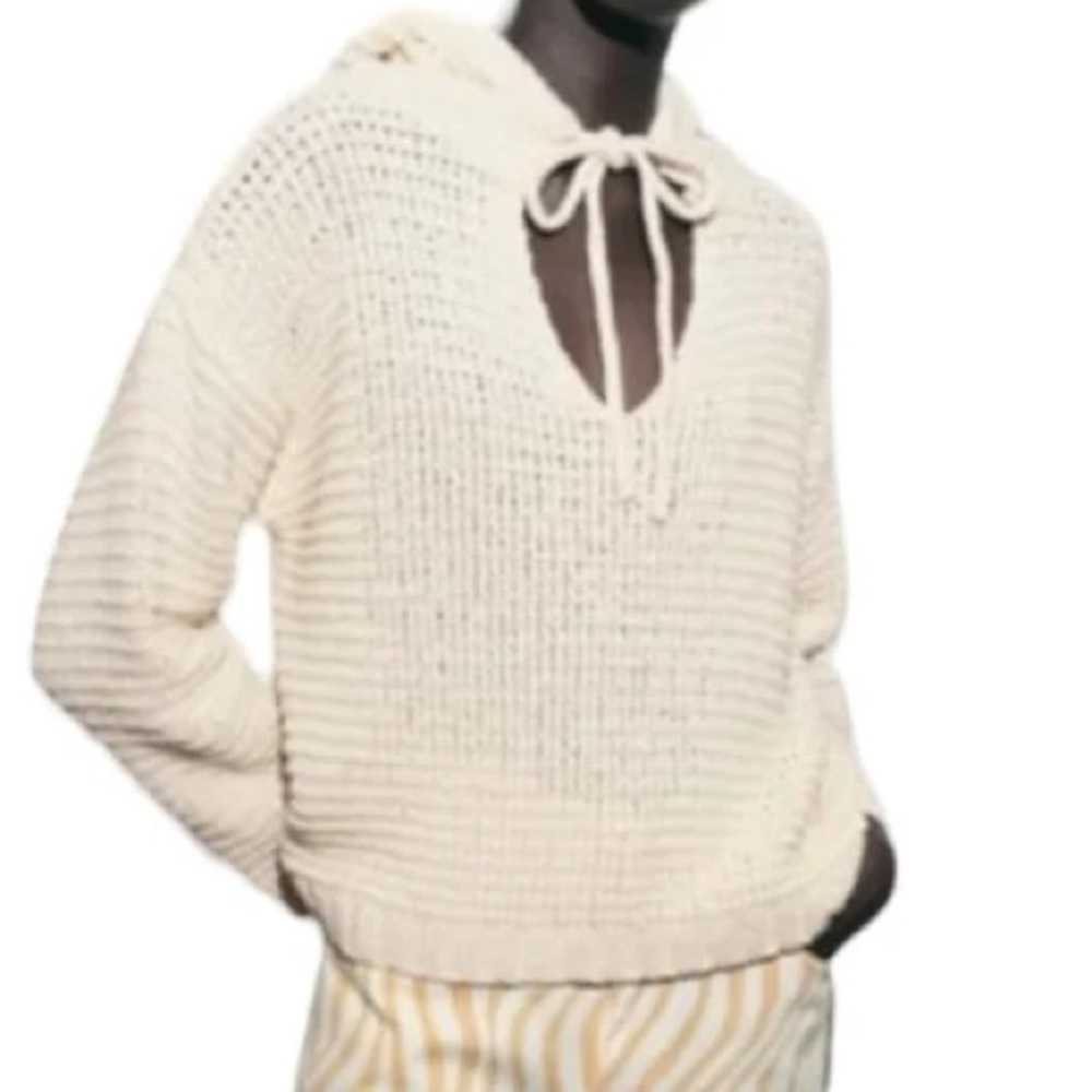 Zara Loose Open Knit Hooded Cropped Cardigan Slouchy Soft Cream
